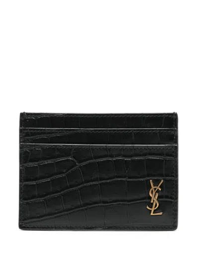 Saint Laurent Tiny Cassandre Card Case In Crocodile-embossed Matte Leather In Black