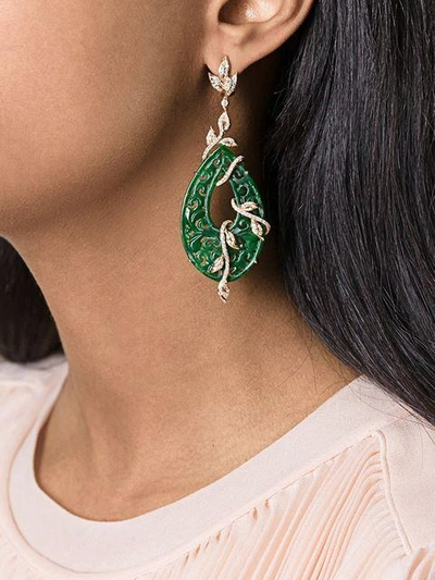 Shop Gemco 18kt Gold Carved Jade Drop Diamond Earrings In Green