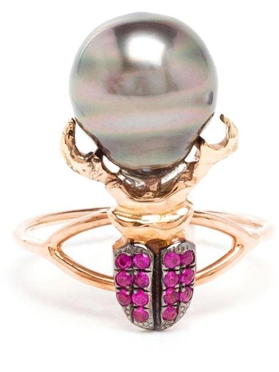 Shop Daniela Villegas Ruby And Pearl Beetle Ring In Red