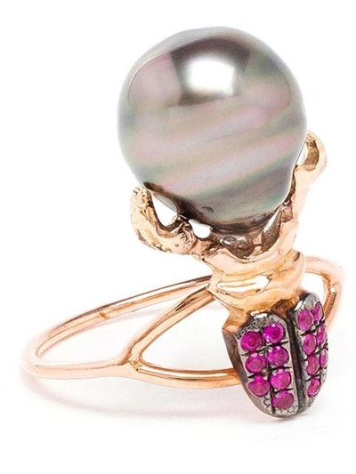 Shop Daniela Villegas Ruby And Pearl Beetle Ring In Red