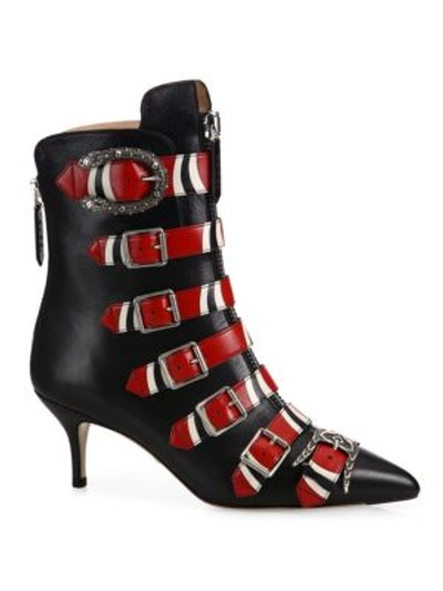 Shop Gucci Susan Snake Buckle Leather Booties In Black-red