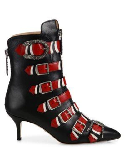 Shop Gucci Susan Snake Buckle Leather Booties In Black-red