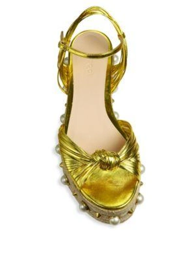 Shop Gucci Barbette Metallic Leather Studded Platform Sandals In Gold