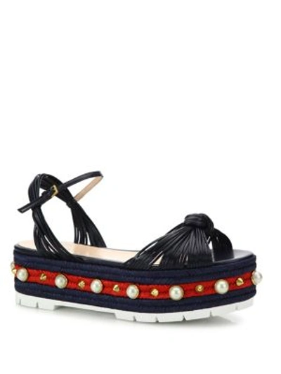 Shop Gucci Barbette Leather Studded Platform Sandals In Navy