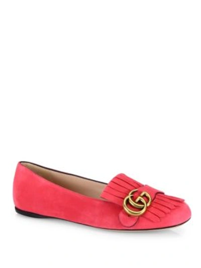 Gucci Gg Marmont Fringe Flat In Pink Suede