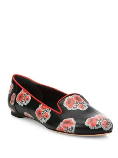 Alexander Mcqueen Floral-print Leather Smoking Loafers In Black Red