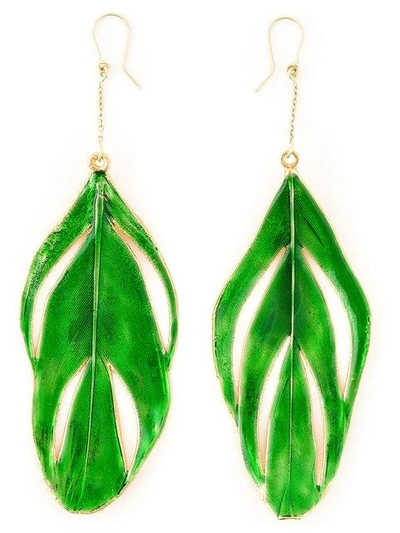 Shop Aurelie Bidermann 'swan' Feather Earrings In Green