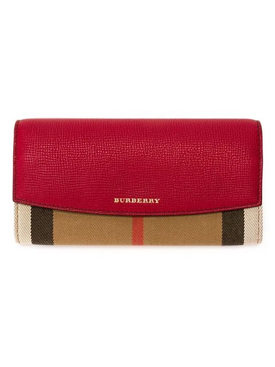 Burberry Porter House Check & Leather Continental Wallet, Military Red In Brown