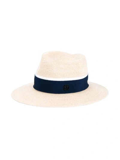 Shop Maison Michel Straw Blue Ribbon Henrietta Fedora Hat - Neutrals