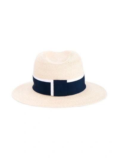 Shop Maison Michel Straw Blue Ribbon Henrietta Fedora Hat - Neutrals