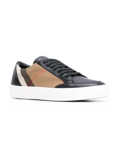 Shop Burberry Check Detail Leather Sneakers In Black