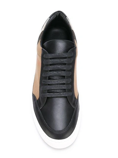 Shop Burberry Check Detail Leather Sneakers In Black