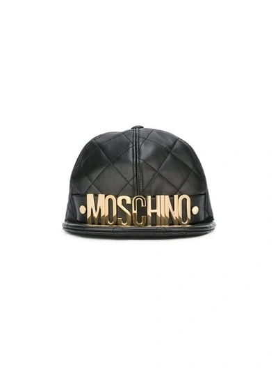 Moschino Quilted Leather Baseball Cap In Black-gold