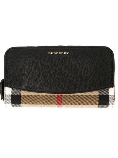 Burberry House Check And Leather Ziparound Wallet In Black/gold