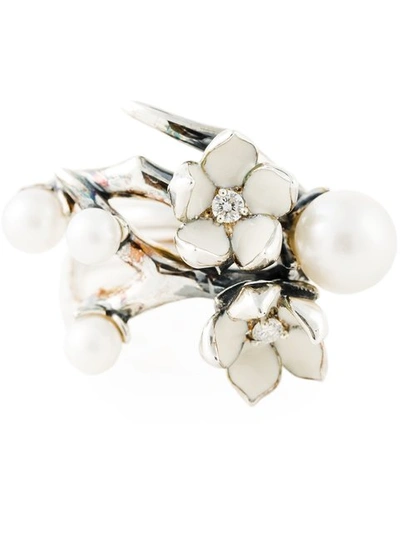 Shop Shaun Leane Sterling Silver Cherry Blossom Diamond And Pearl Flower Ring In Metallic