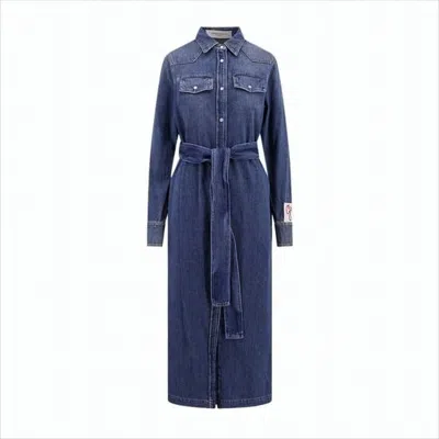 Golden Goose Classic Denim Long Dress With Button-down Front And Embroidered Patch In Black