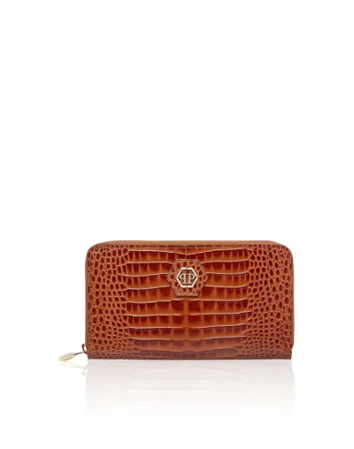 Philipp Plein Rounded Zip Wallet Cocco Shiny In Brown