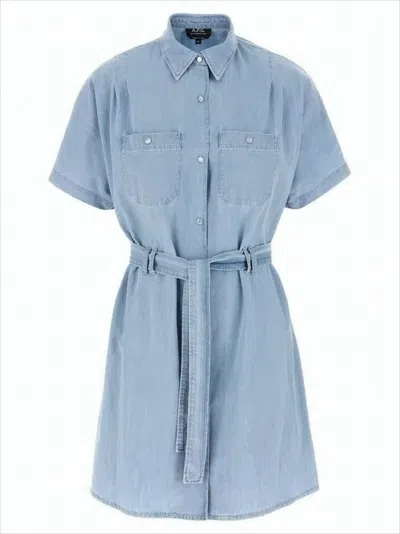 Apc Short Denim Dress With Classic Collar In Multi