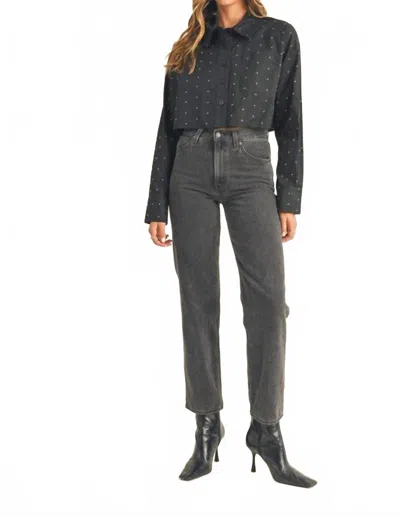 Mable Rhinestone Cropped Button Down Shirt In Black In Blue