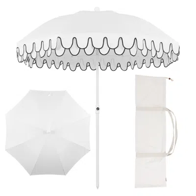 Jonathan Y Horizon 6.5 Ft. Classic Midcentury Scalloped Fringe Market Beach Umbrella With Push-button Tilt, Win In White