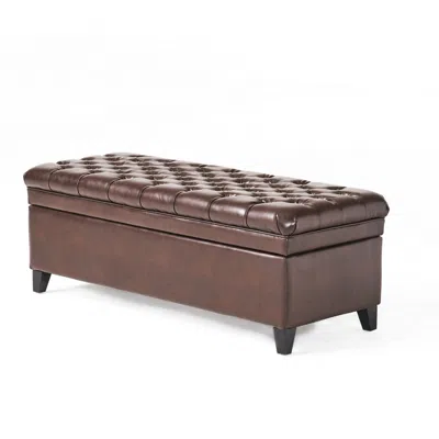 Hivvago Rhya Storage Ottoman Bench, Brown Faux Leather, Black Wood, 50 Inch In Brown