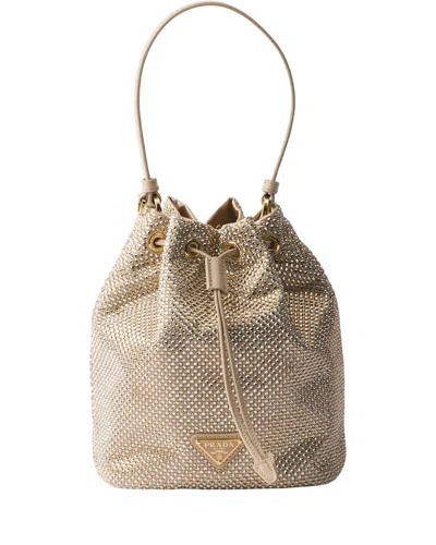 Prada Mini Crystal-embellished Drawstring Bucket Bag In Neutral