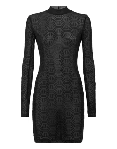 Philipp Plein Tulle Long-sleeved Mini Dress Monogram Strass In Black