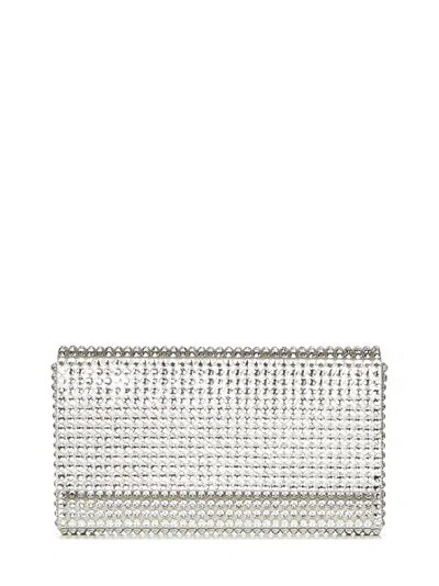 Amina Muaddi Mini Satin Clutch With Detachable Chain Strap In Silver