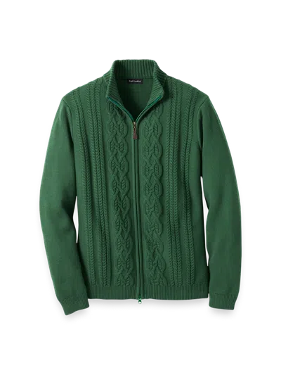 Paul Fredrick Cotton Cable Full Zip Mock Neck Sweater In Green