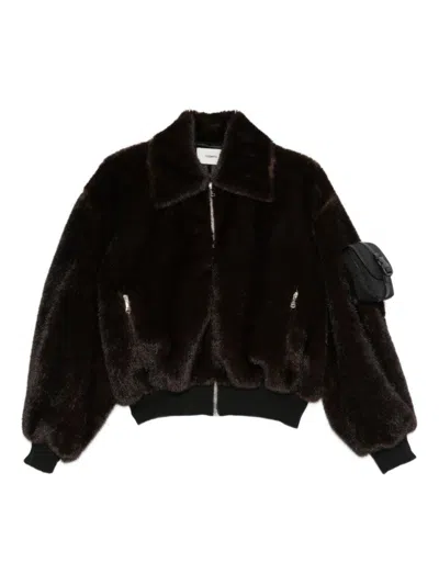 Coperni Faux Fur Bomber Jacket With Zip In Brown