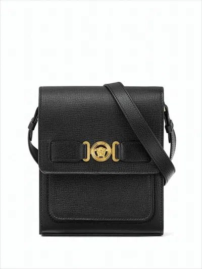 Versace Structured Textured Leather Crossbody Bag In Black