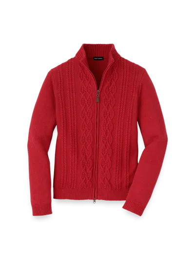 Paul Fredrick Cotton Cable Full Zip Mock Neck Sweater In Red