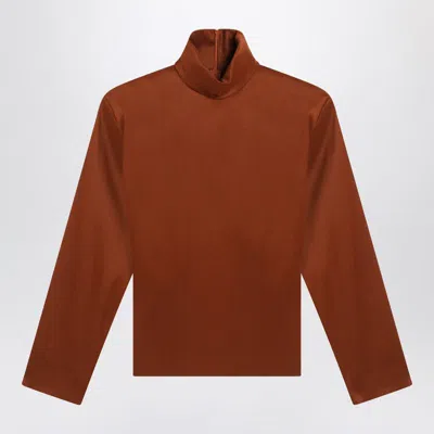 Saint Laurent Silk High-neck Top Tops Brown In Brown
