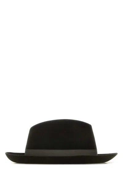 Borsalino Velour Hat With Wide Brim And Ribbon Band In Black
