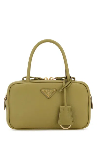 Prada Leather Handbag With Detachable Tag And Top Handles In Green