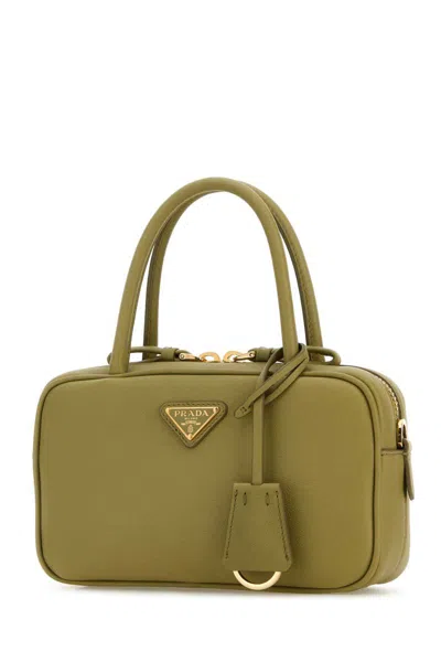 Prada Leather Handbag With Detachable Tag And Top Handles In Green