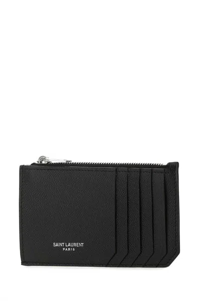 Saint Laurent Fragments Zipped Card Case In Grain De Poudre Leather Accessories In Black