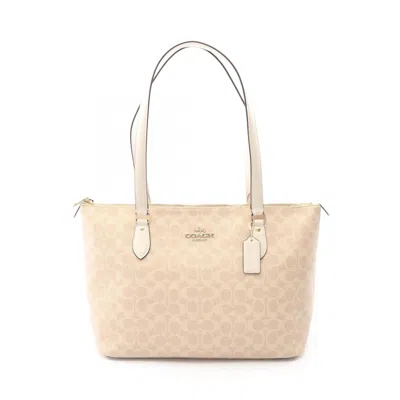 Pre-owned Coach Beige White Coated Canvas Leather Tote Bag () In Multi