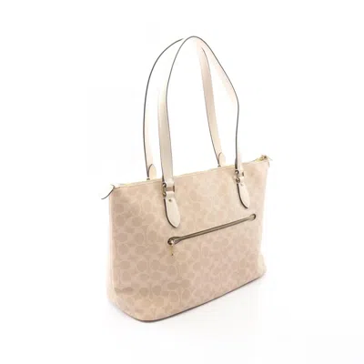 Pre-owned Coach Beige White Coated Canvas Leather Tote Bag () In Multi