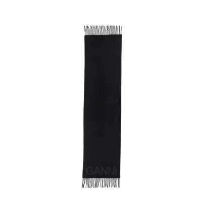 Ganni Fringed Wool Scarf In Black