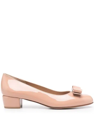 Ferragamo Round Toe Low Block Heel Patent Pumps In Pink