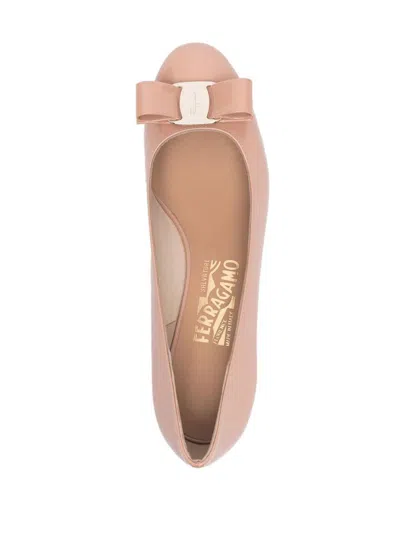 Ferragamo Round Toe Low Block Heel Patent Pumps In Pink