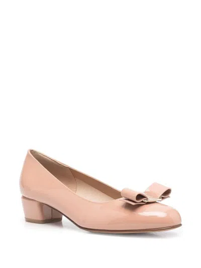 Ferragamo Round Toe Low Block Heel Patent Pumps In Pink