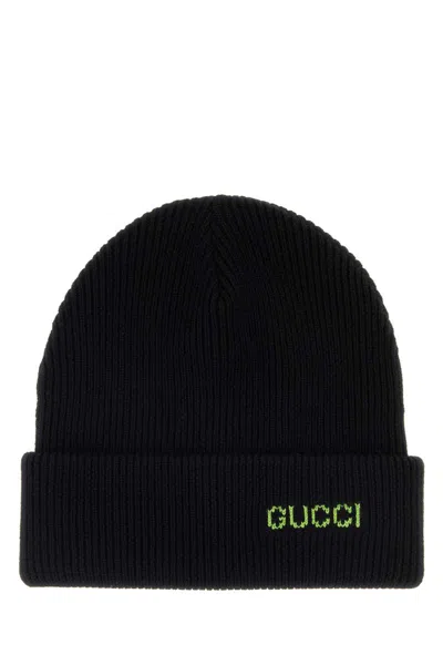 Gucci Ribbed Wool Beanie Folded Cuff In Black
