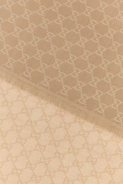 Gucci Embroidered Wool Blend Scarf In Brown