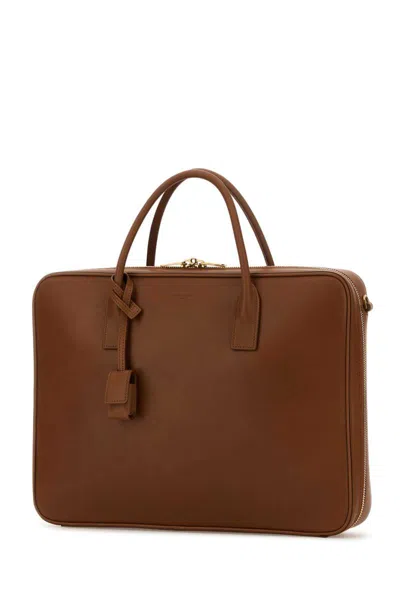 Saint Laurent Leather Briefcase Featuring Gold-tone Hardware In Brown