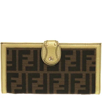 Pre-owned Fendi Gold Brown Canvas Leather Long Wallet (bi-fold) ()