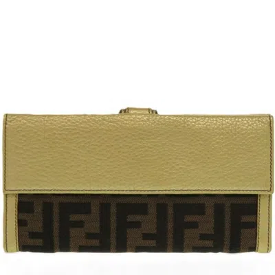 Pre-owned Fendi Gold Brown Canvas Leather Long Wallet (bi-fold) ()