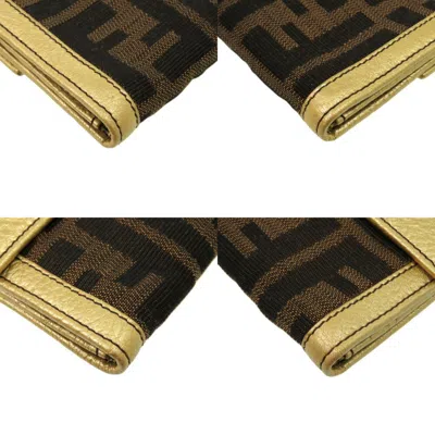 Pre-owned Fendi Gold Brown Canvas Leather Long Wallet (bi-fold) ()