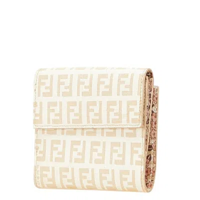 Pre-owned Fendi Zucchino Beige Ivory Pvc Leather Wallet (bi-fold) () In Multi